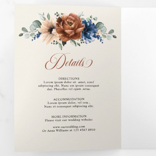 テラコッタ ネイビーブルー 緑 幾何学的な結婚式のテーマ 三つ折り案内状 (内部最初)