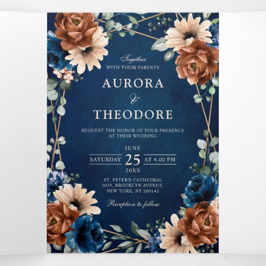 テラコッタ ネイビーブルー 緑 幾何学的な結婚式のテーマ 三つ折り案内状 (内部中)