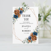 テラコッタ ネイビーブルー 緑 幾何学的な結婚式 サンキューカード (スタンド正面)