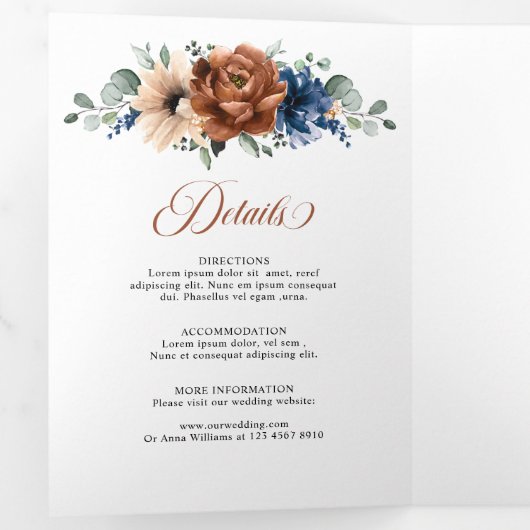 テラコッタ ネイビーブルー 緑 幾何学的な結婚式 三つ折り案内状 (内部最初)