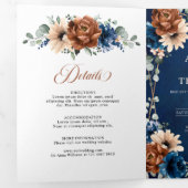 テラコッタ ネイビーブルー 緑 幾何学的な結婚式 三つ折り案内状 (内部最初)