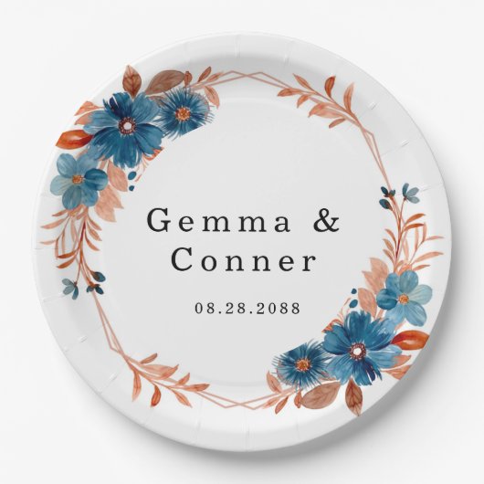テラコッタ ネイビーブルー 花の結婚式 ペーパープレート (正面)