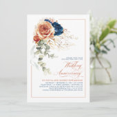 テラコッタ & ネイビーブルー 花の結婚記念日 招待状 (スタンド正面)
