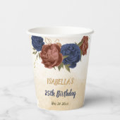 テラコッタ ネイビーブルー 花 緑の葉 紙コップ (裏面)