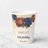 テラコッタ ネイビーブルー 花 緑の葉 紙コップ (正面)