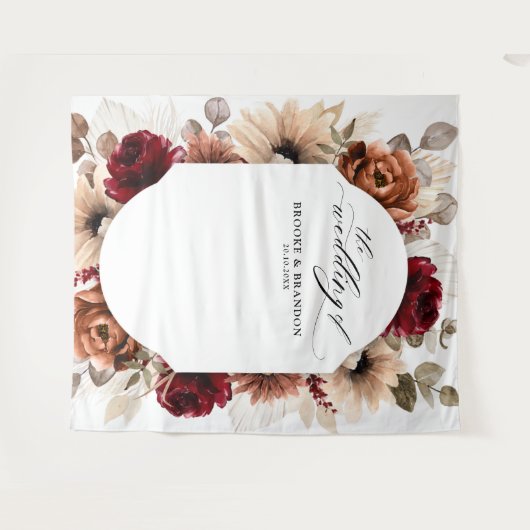 テラコッタ バーガンディー モーブ フラワージオメトリック ウェディング タペストリー (正面(横))