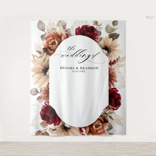 テラコッタ バーガンディー モーブ フラワージオメトリック ウェディング タペストリー (正面)