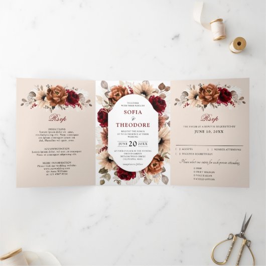 テラコッタ バーガンディー モーブ フラワージオメトリック ウェディング 三つ折り案内状 (内部)