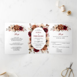 テラコッタ バーガンディー モーブ フラワージオメトリック ウェディング 三つ折り案内状