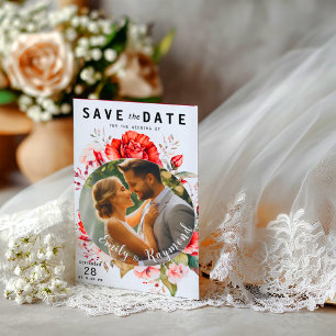 テラコッタ バーガンディ ブラッシュ フラワーの結婚式の写真 セーブザデート