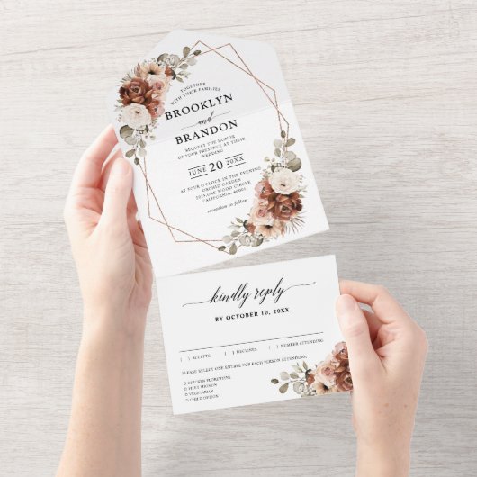 テラコッタ パンパス グラス ラスティック ジオメトリック ウェディング オールインワン招待状 (貼ってはがせる)