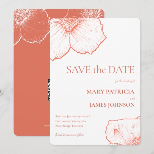 テラコッタ フラワーズ モダン ミニマリスト エレガント 🌺✨🧡 セーブザデート (正面/裏面)