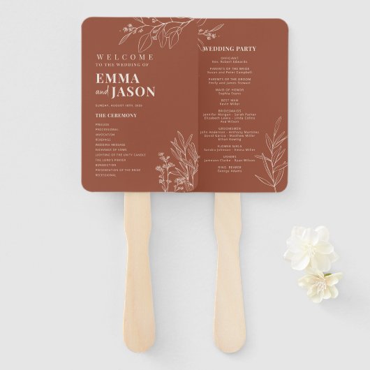 テラコッタ フラワー ウェディング ハンド ファン プログラム (正面&裏面)