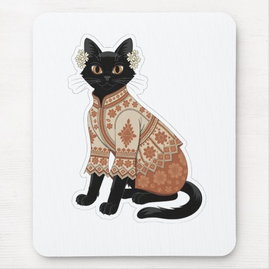 テラコッタ フラワー 黒猫 グラフィック マウスパッド (正面)