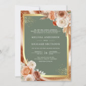 テラコッタ フローラル セージ グリーン フォト QR コード ウェディング 招待状 (正面)