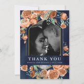 テラコッタ フローラル ネイビーブルー フォト コラージュ ウェディング サンキューカード (正面)