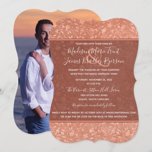 テラコッタ フローラル ハーツ ヴァインズ ウェディング インビテーション (正面/裏面)