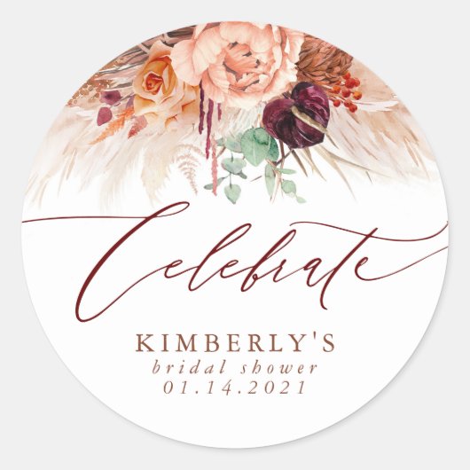 テラコッタ フローラル パンパス グラス お祝い ラウンドシール (正面)