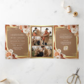 テラコッタ フローラル パンパス ゴールド ベージュ ウェディング 三つ折り招待状 (内部)
