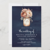 テラコッタ フローラル メイソンジャー ネイビー QRコード ウェディング 招待状 (正面)