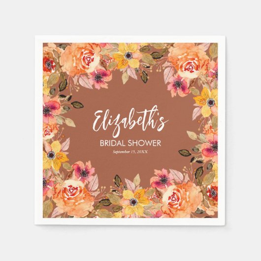 テラコッタ ブライダル シャワーの秋の花 スタンダードカクテルナプキン (正面)
