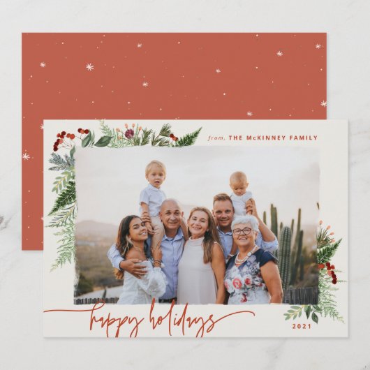 テラコッタ ベージュ モダン スクリプト ボヘミアングリーンフォト シーズンカード (正面/裏面)