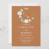 テラコッタ&ホワイトフローラモノグラムリース結婚ズ 招待状 (正面)