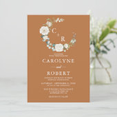 テラコッタ&ホワイトフローラモノグラムリース結婚ズ 招待状 (スタンド正面)