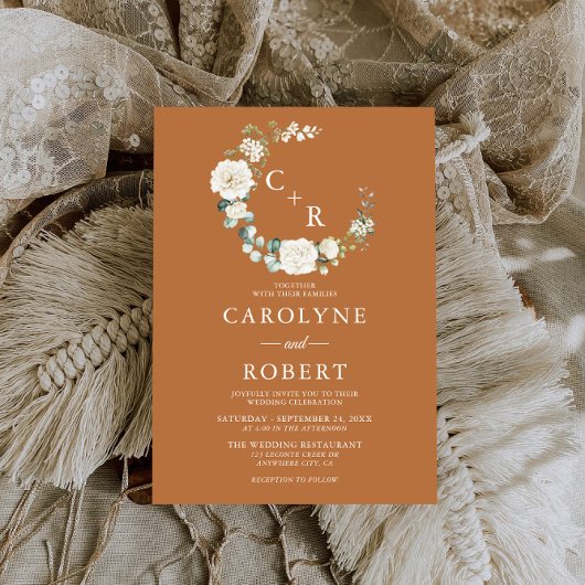テラコッタ&ホワイトフローラモノグラムリース結婚ズ 招待状