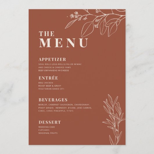 テラコッタ ボーホー ウェディング メニュー(花のアートワーク付き) メニュー (正面)