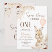 テラコッタ ボーホー フラワーバニー 風船 1歳 誕生日 招待状 (正面/裏面)