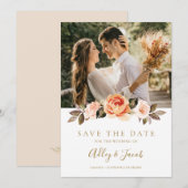 テラコッタ ボーホー 秋 フラワー バーン オレンジ ウェディング セーブザデート (正面/裏面)