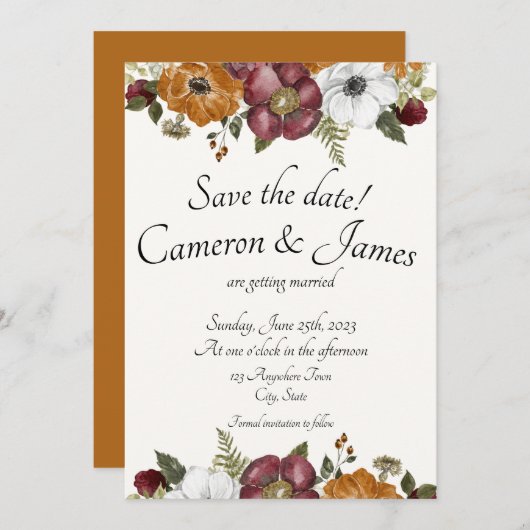 テラコッタ&マルーンボホワイルドフラワー庭園の結婚式 セーブザデート (正面/裏面)