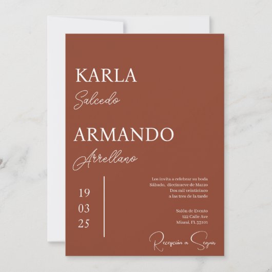 テラコッタ ミニマリスト ウェディング 招待状 スペイン語 (正面)