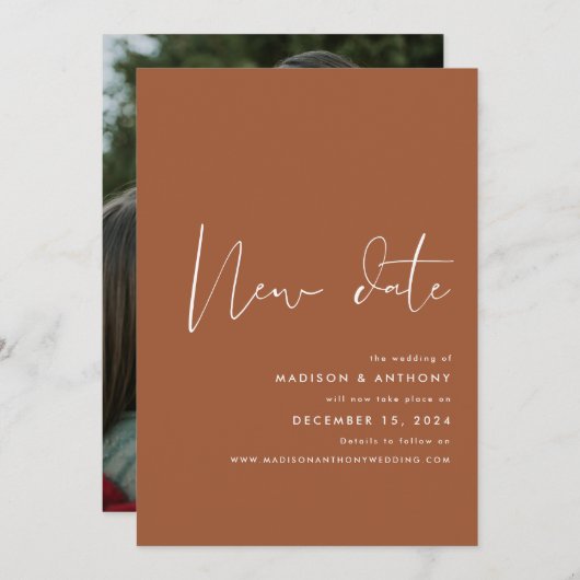 テラコッタ ミニマリスト フォト 新しい日 結婚式 案内状 (正面/裏面)