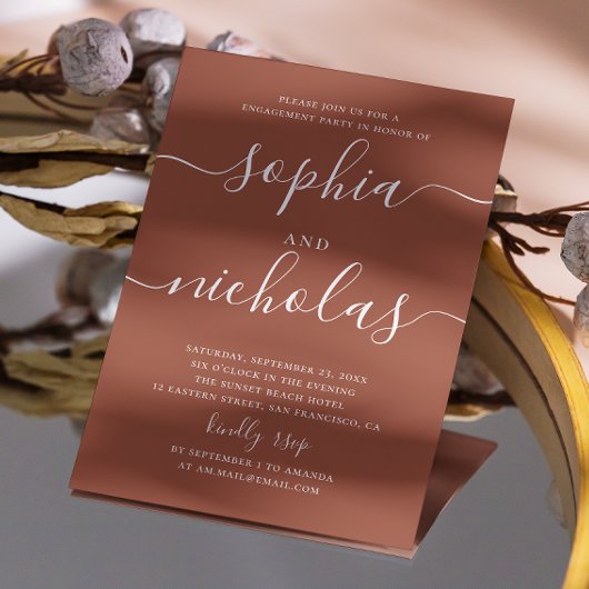 テラコッタ ミニマル スクリプト 秋のエンゲージメント パーティー 招待状