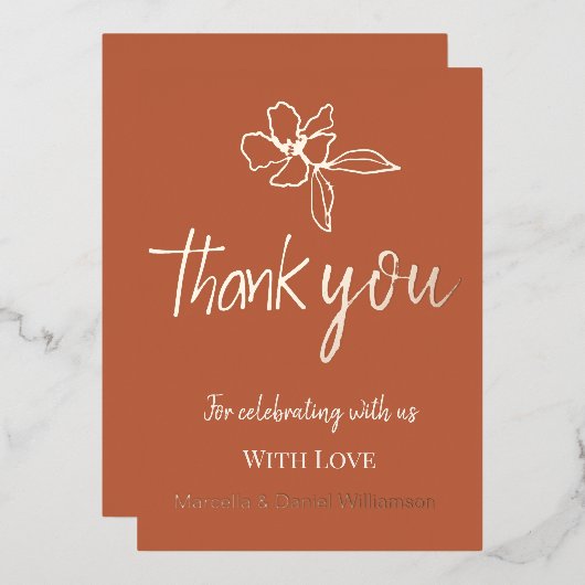 テラコッタ ミニマル フラワー ウェディング サンクス 箔招待状 (正面/裏面)