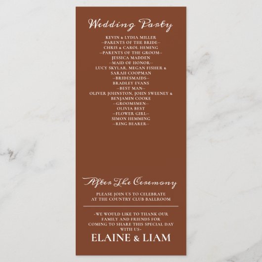 テラコッタ ラスティック バーン オレンジ モダン ウェディング プログラム (裏面)