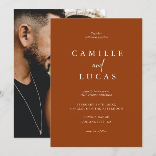 テラコッタ ラスト バーン オレンジ フォト ウェディング 招待状 (正面/裏面)