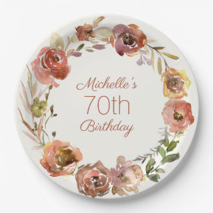 テラコッタ+レッドブラウン系の花輪の70歳の誕生日 ペーパープレート