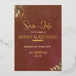 テラコッタ レッド ボヘミアン ベルベット 結婚式 Save the Date 箔招待状