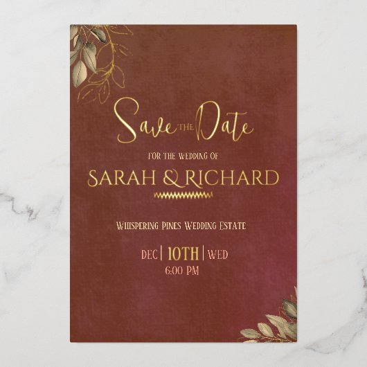 テラコッタ レッド ボヘミアン ベルベット 結婚式 Save the Date 箔招待状 (正面)