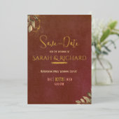 テラコッタ レッド ボヘミアン ベルベット 結婚式 Save the Date 箔招待状 (立ち正面)