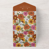 テラコッタ レトロ グルーヴィー ヒッピーフラワータイポグラフィー オールインワン招待状 (外側)