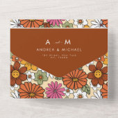 テラコッタ レトロ グルーヴィー ヒッピーフラワータイポグラフィー オールインワン招待状 (裏面)