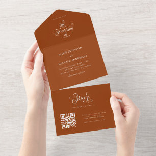 テラコッタ & レトロ タイポグラフィー モダン QR コード RSVP オールインワン招待状
