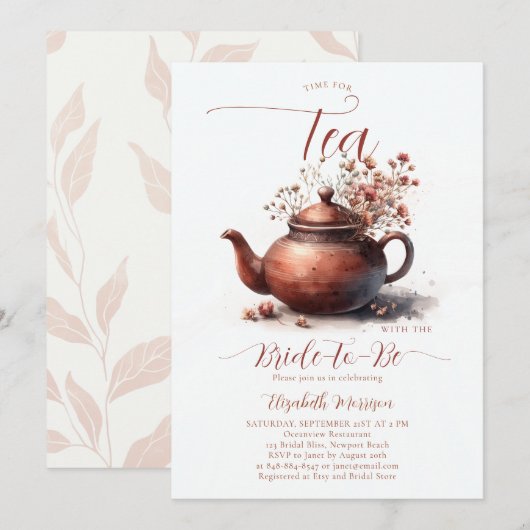 テラコッタ ワイルドフラワーズ ボヘミアンチック ブライダル ティー シャワー 招待状 (正面/裏面)