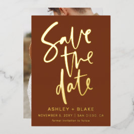 テラコッタ 手描きスクリプト 写真付き Save The Date 箔招待状