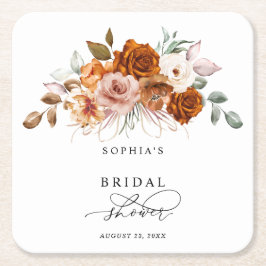 テラコッタ 焼きオレンジの花のブライダルシャワー スクエアペーパーコースター