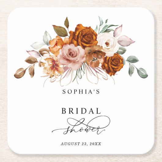 テラコッタ 焼きオレンジの花のブライダルシャワー スクエアペーパーコースター (正面)